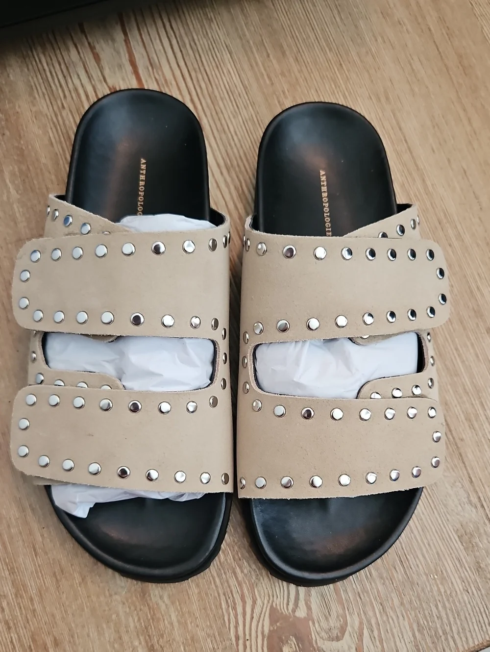 Anthropologie Beige Double-Strap Stud Slide Sandals